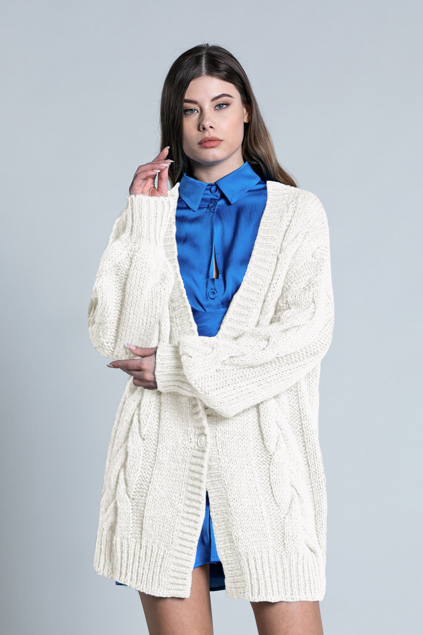 TOSHO 纽扣加编织长款气球袖开衫