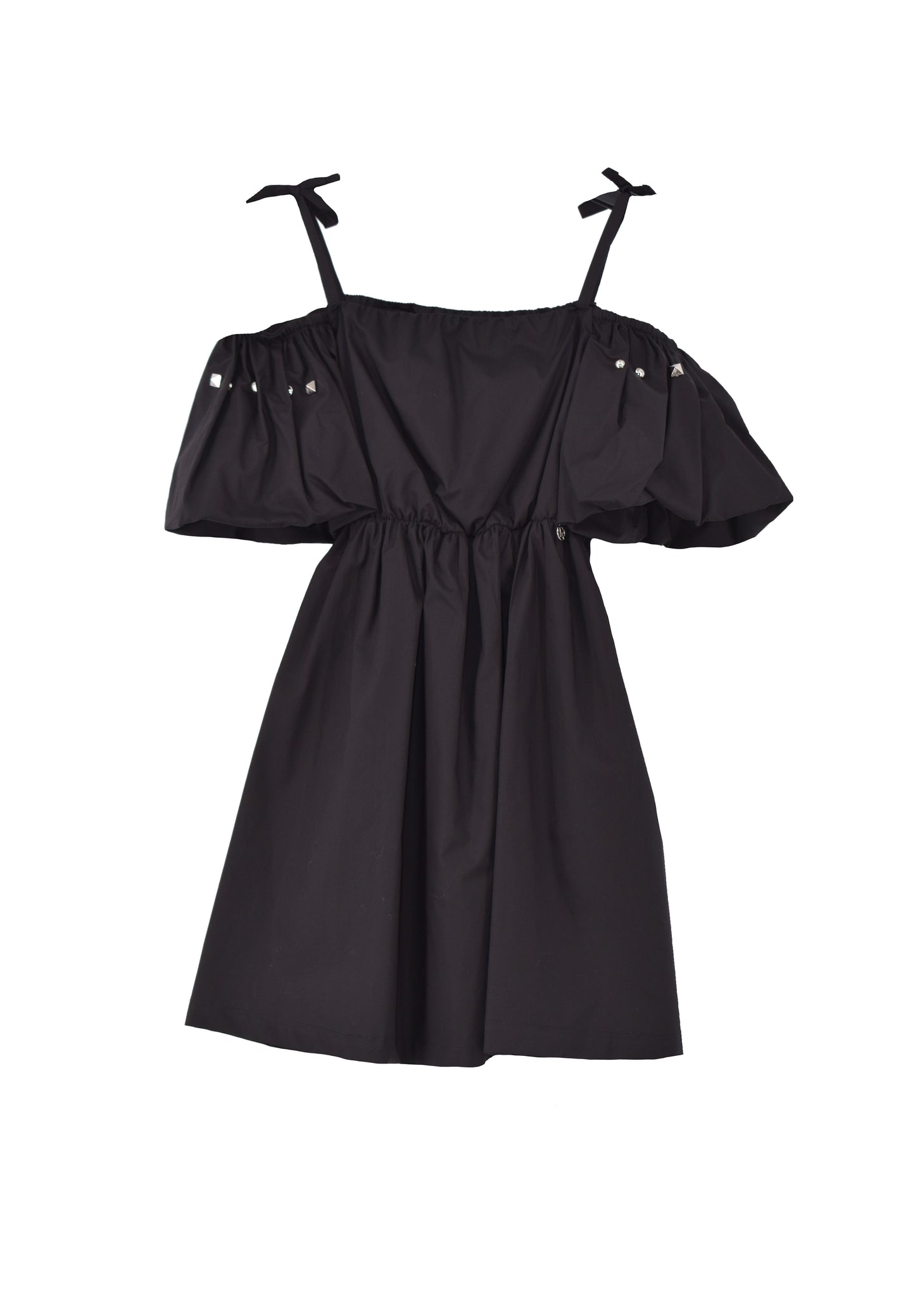 TUMMY 短款连衣裙，蝴蝶结肩带，半泡泡袖，饰钉