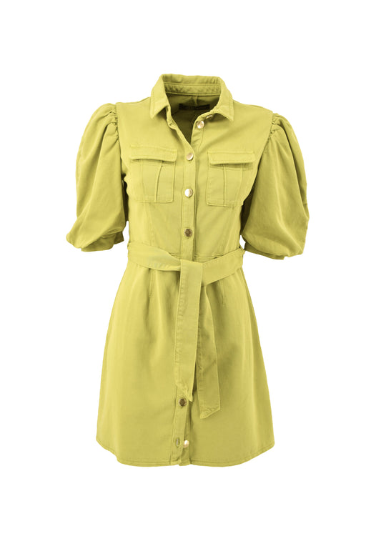 VESTREW 短款泡泡袖连衣裙，配以腰带和斜纹织物金色纽扣