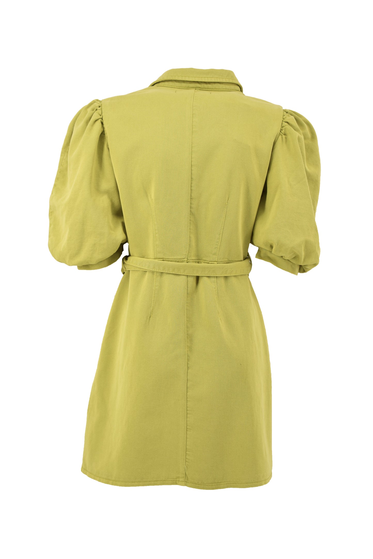 VESTREW 短款泡泡袖连衣裙，配以腰带和斜纹织物金色纽扣