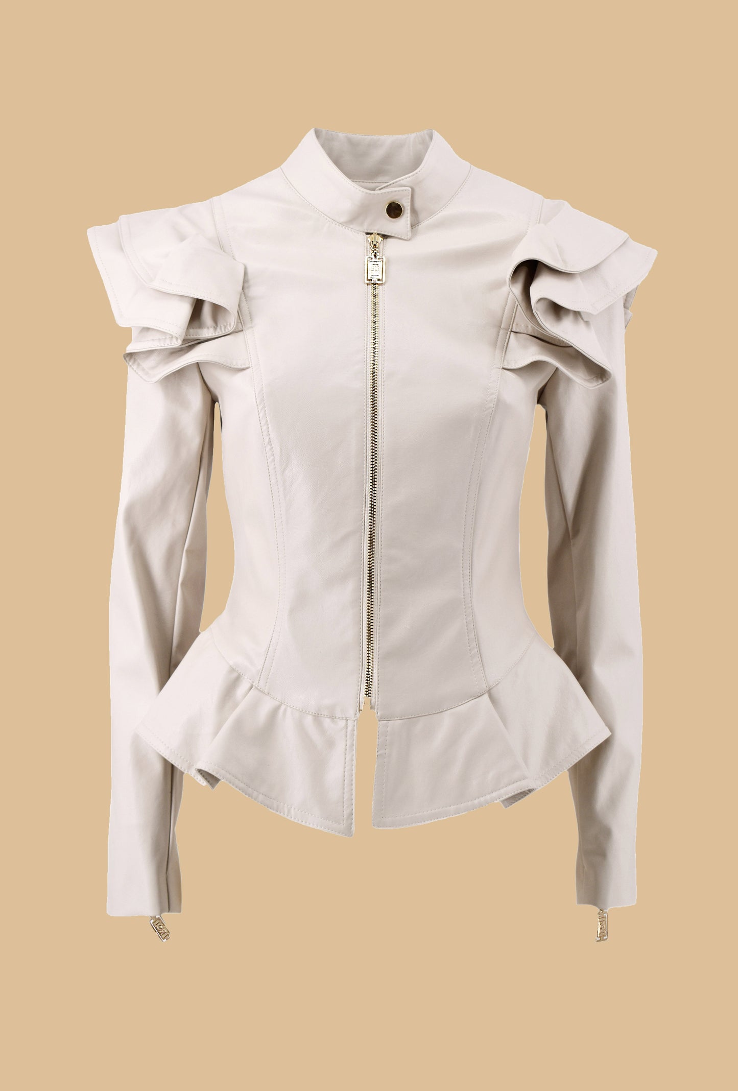 WEITAL 荷叶边人造皮革拉链长袖夹克