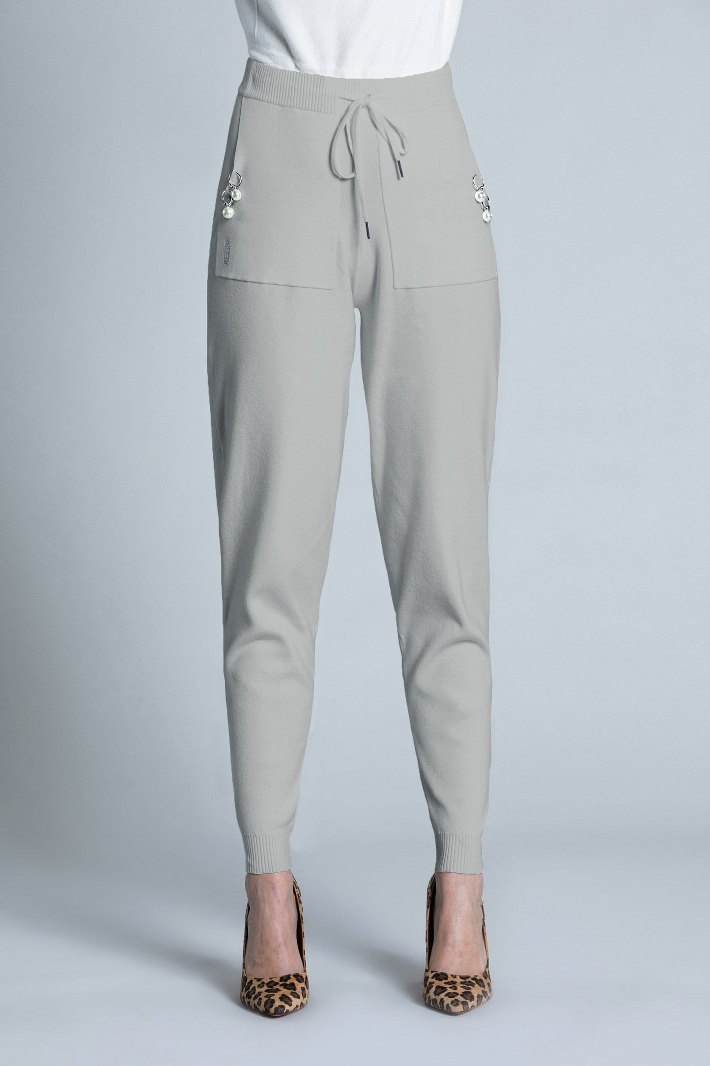 WETIO 罗纹加抽绳加口袋高腰裤加圆环加珍珠