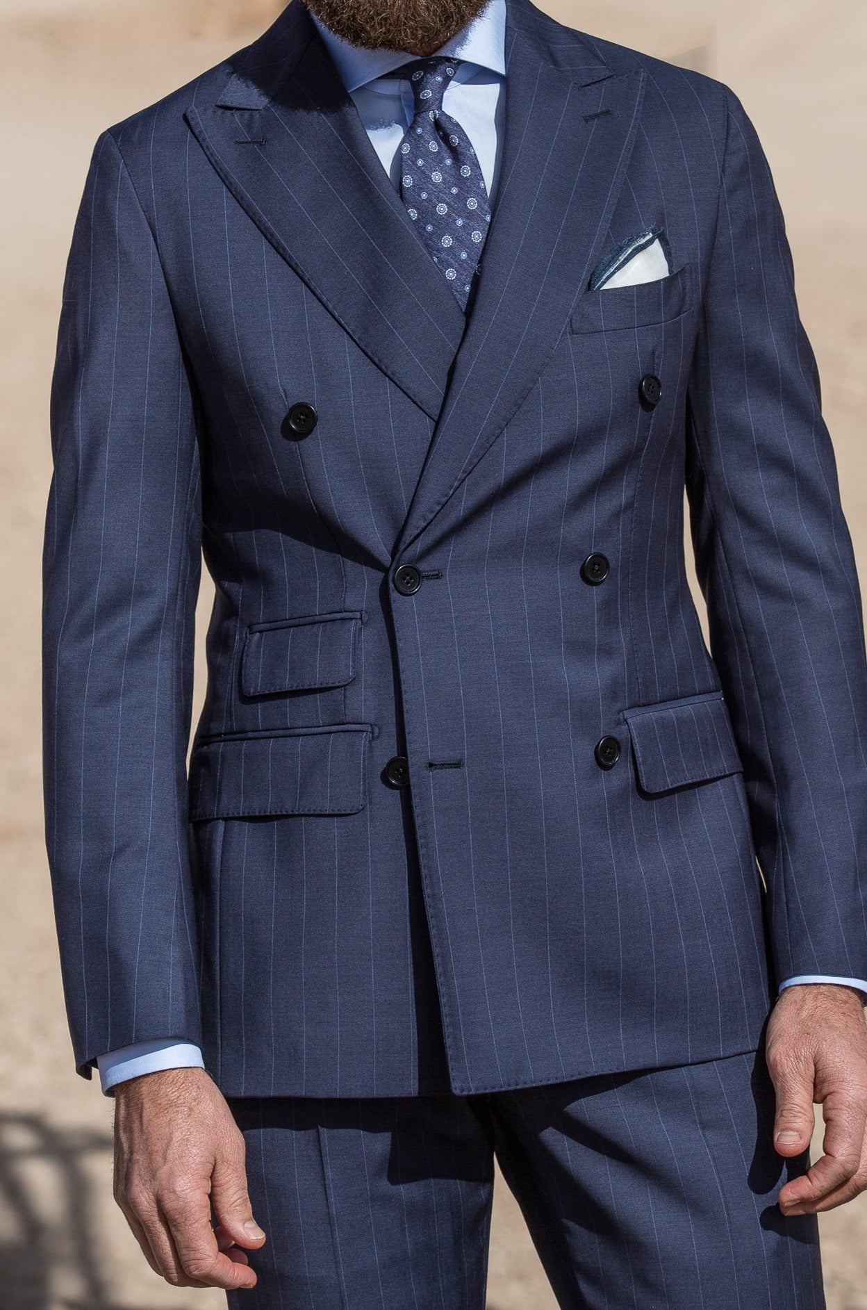 双排扣蓝色条纹西装 - 定制 - 意大利制造