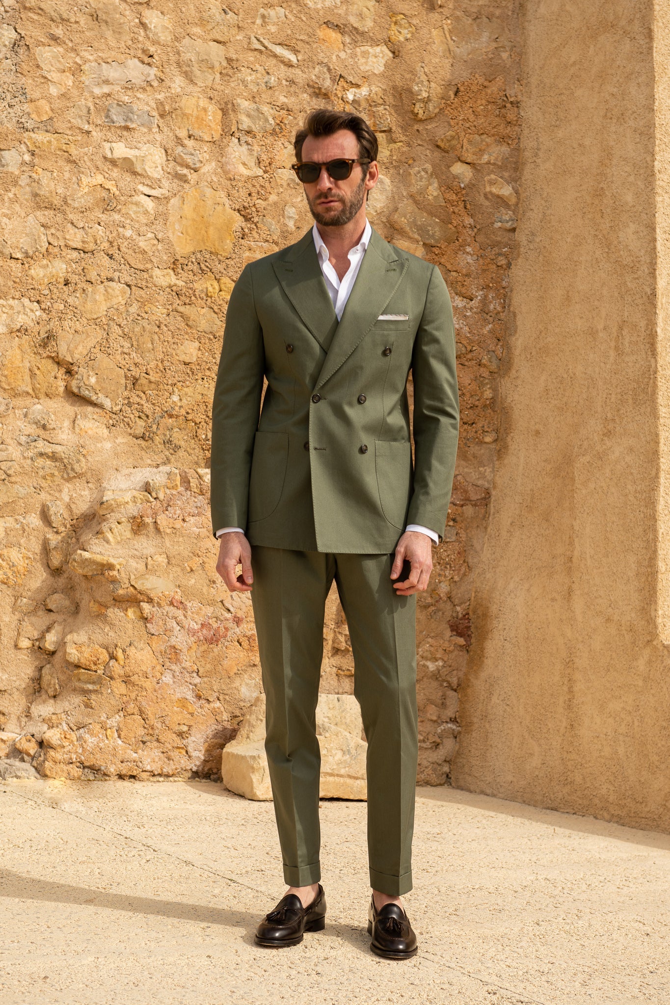 Loro Piana 棉质绿色双排扣西装 - 意大利制造