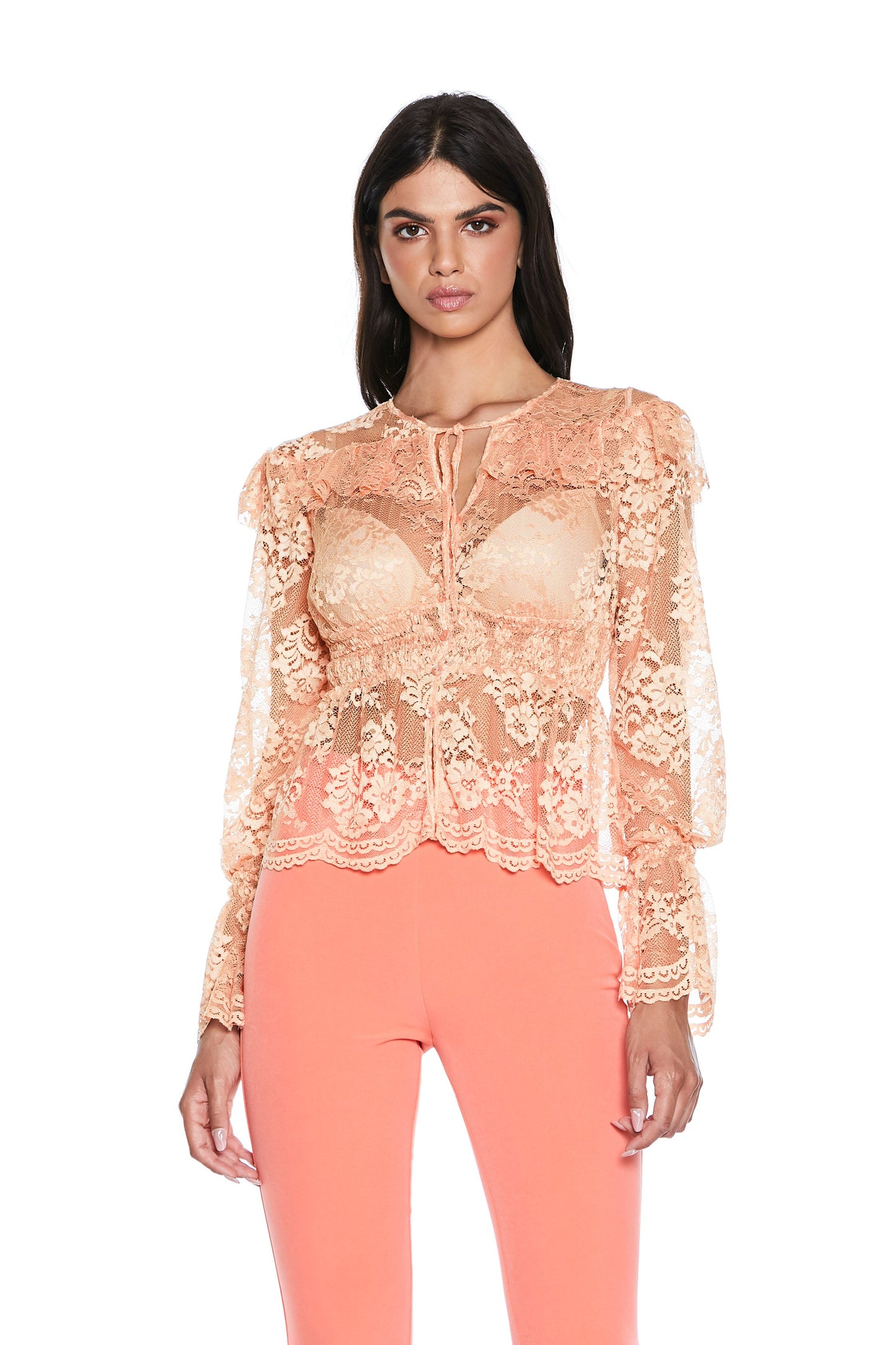 RAFFIS 蕾丝加 p 长袖无领衬衫。抽褶蕾丝