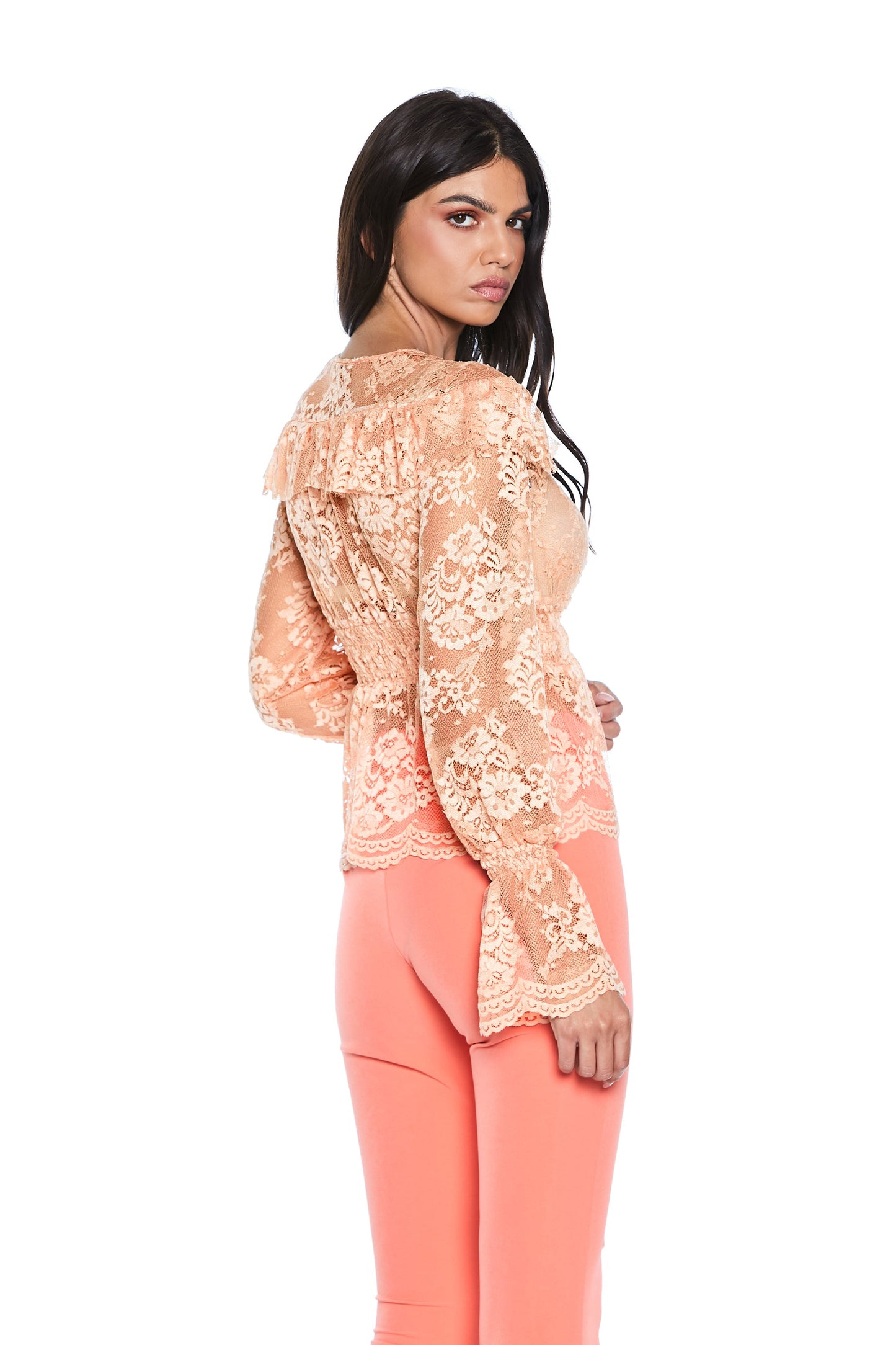 RAFFIS 蕾丝加 p 长袖无领衬衫。抽褶蕾丝