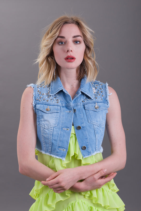 TETYF 水钻装饰短款流苏无袖外套 + 牛仔珍珠